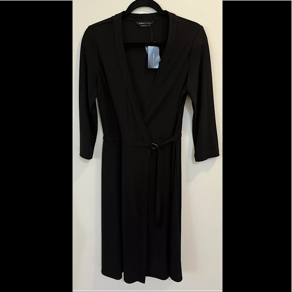 NWT BCBG Maxazria Acetate Poly Jersey Wrap 3/4 Sleeve Dress, Black, Size Medium